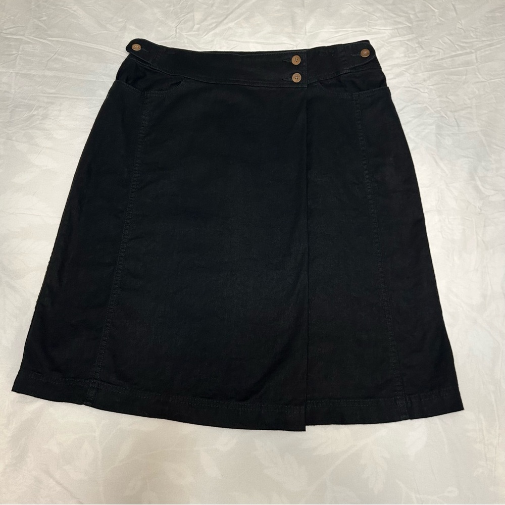 Woolrich Faux Wrap Skirt Womens 10 Black Linen Cotton Blend Kayla Classic A-Line